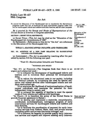 Public Law 99-457 (Handicapped Infants and Toddlers Program)