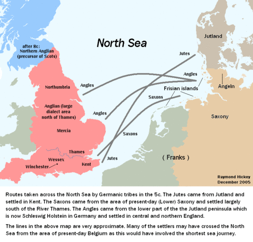 English language started with the arrival of 3 Germanic tribes; Angles, Saxons and the Jutes.