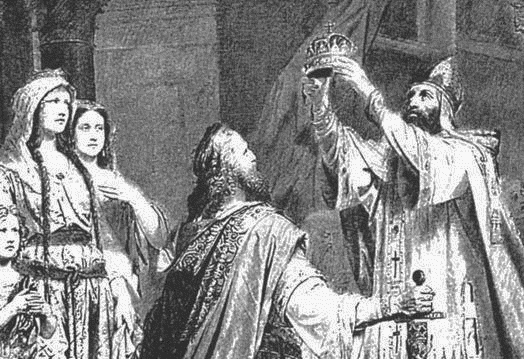 Pope Leo lll crowns Charlemagne emperor.