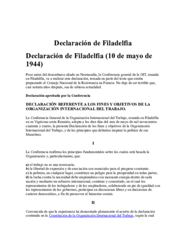 Declaración de Filadelfia, aprobada por la Conferencia Internacional del Trabajo