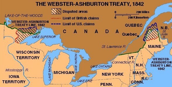 Americans and British agree to the Webster-Ashburton Treaty.