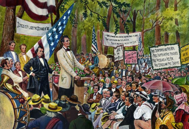 Abraham Lincoln debates Stephen A. Douglas during the 1858 Illinois Senate race.