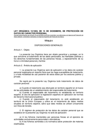 España - Establece la Ley Orgánica de Protección de Datos de Carácter Personal