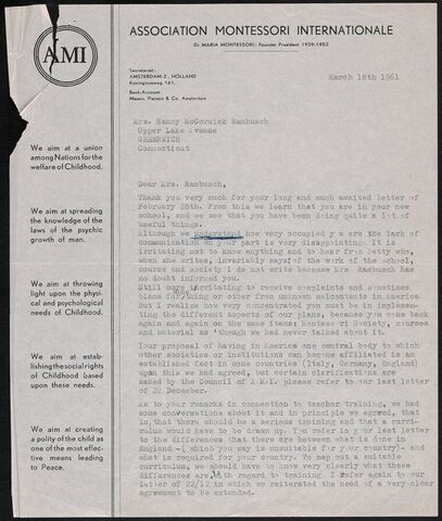 Communication between Mario Montessori and Nancy McCormick Rambush