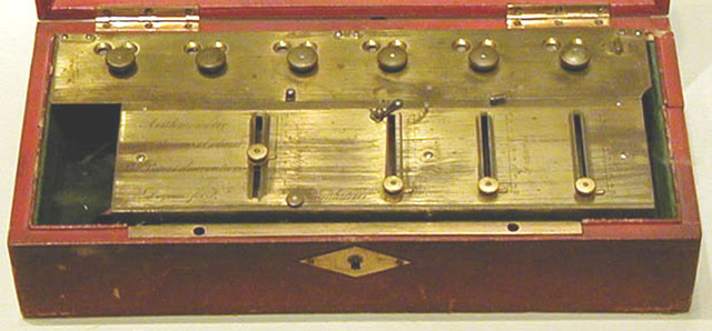 The Arithmometer was the first mass-produced calculator invented by Charles Xavier Thomas de Colmar