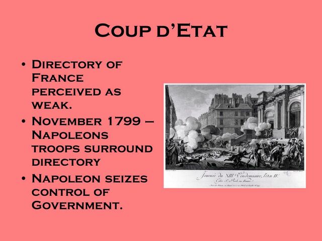 Napoleon launches a Coup d'Etat on the weak & corrupt Directory
