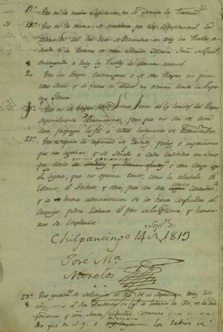 Jose Maria Morelos redacta Sentimientos de La Nacion