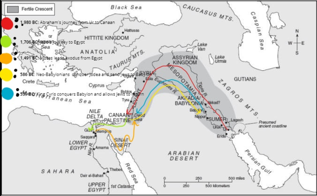 Map of movements of the ancient Hebrews