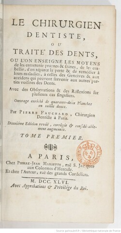 Pierre Fauchard describe los materiales y prácticas de su época en su libro “Traite des dents”.
