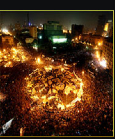 A million-strong march takes off from Tahrir Square under the slogan "the people want the ousting of the government".