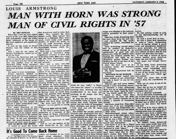 Armstrong speaks out against racial discrimination and publicly condemned the violence that swept Little Rock over school integration