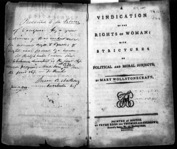 publication of Vindication of the Rights of Women