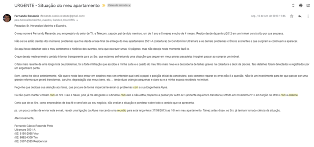 +1 e-mail - solicitando reunião com a Alliance para encontrar uma solução adequada