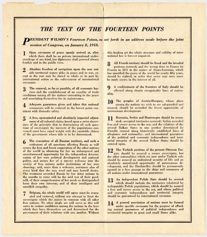 Woodrow Wilson outlines his Fourteen Points for peace.