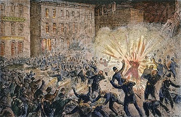 In the Haymarket incident, a bomb set off at a Chicago labor rally kills and wounds police officers.