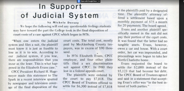 Evans v. CENTRAL PIEDMONT COMMUNITY