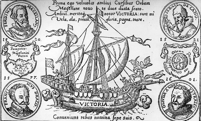 Magellan et Sebastien Del Cano réalisent le premier tour du monde.