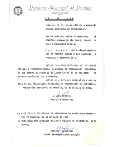Declaração de utilidade pública a Fundação Shunji Nishimura de Tecnologia