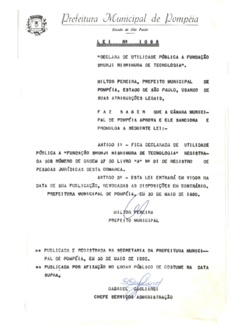Declaração da Fundação Shunji Nishimura de Tecnologia como uma Utilidades Pública