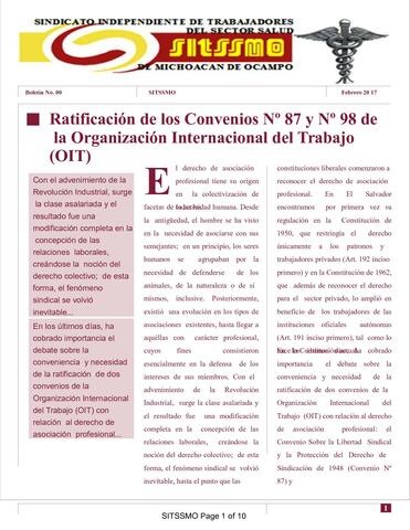 Convenio 87 de la Organización Internacional del Trabajo (OIT) sobre la Libertad Sindical y la protección del derecho de sindicación.