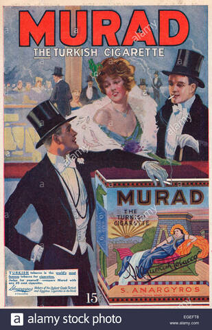 Primera promoción de una celebridad se produce cuando Fatty Arbuckle afirma que los cigarrillos Murad son la preferidos por los hombres de gusto refinado.