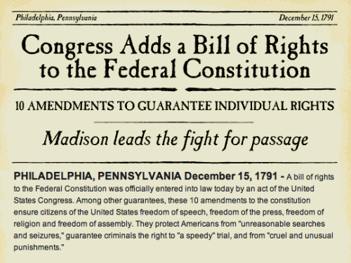 The Bill of Rights is ratified by 3/4ths of the states