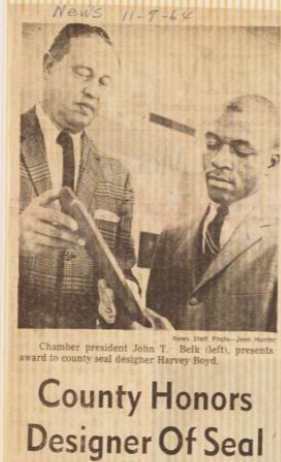 Harvey H. Boyd, a graduate of CPCC, wins a contest held to design the Mecklenburg county seal