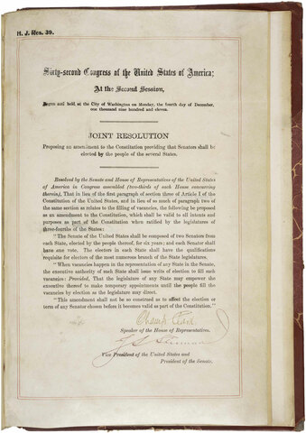 Seventeenth Amendment to the Consititution was ratified.