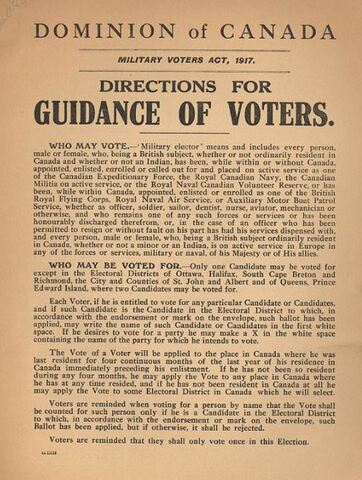 @ September 1917: The Military Voters Act and the War-time Elections Act were given Royal Assent