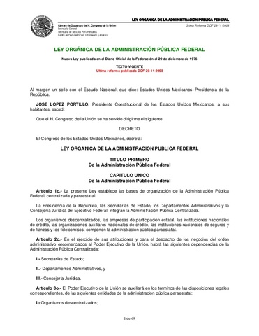 El Congreso de la Unión decreta una nueva ley Orgánica de la Administración Pública Federal