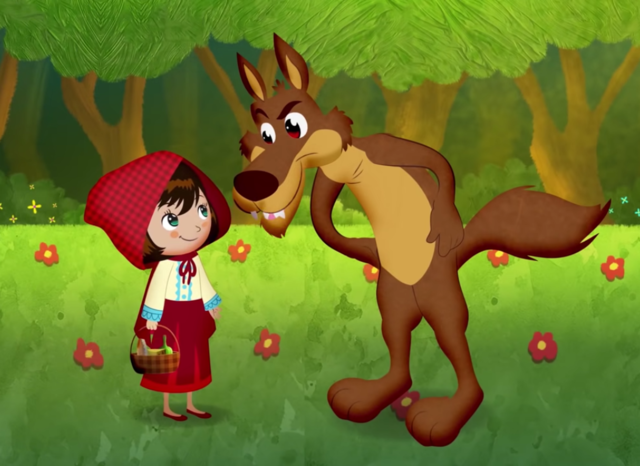 allí, se encontró con el lobo y este le pregunta a donde va