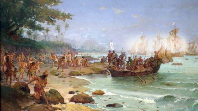 llegada del portugués en Brasil, encabezados por Pedro Alvares Cabral (Descubrimiento de Brasil).