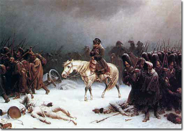 Napoleon attempts to invade and take over Russia, is forced to leave Moscow