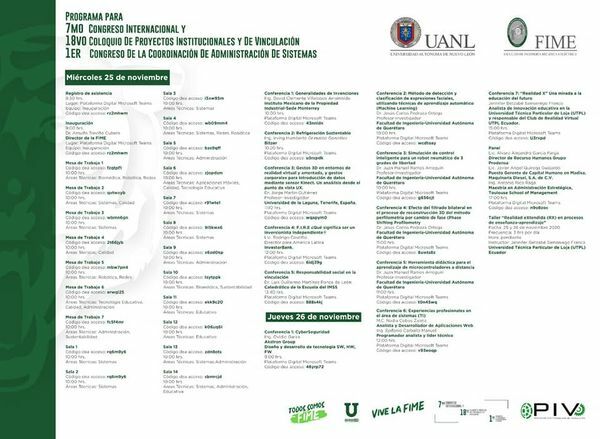 7mo. Congreso Internacional, 18vo. Coloquio de Proyectos Institucionales y de Vinculación (PIV 2020) y 1er. Congreso de la Coordinación de Administración y Sistemas”,