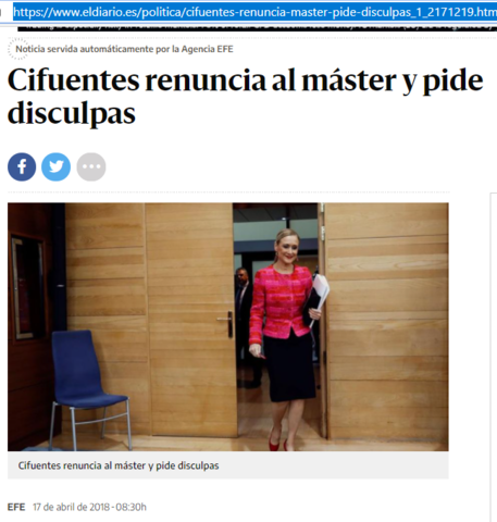 Cifuentes renuncia al máster y pide disculpas, el diario.es