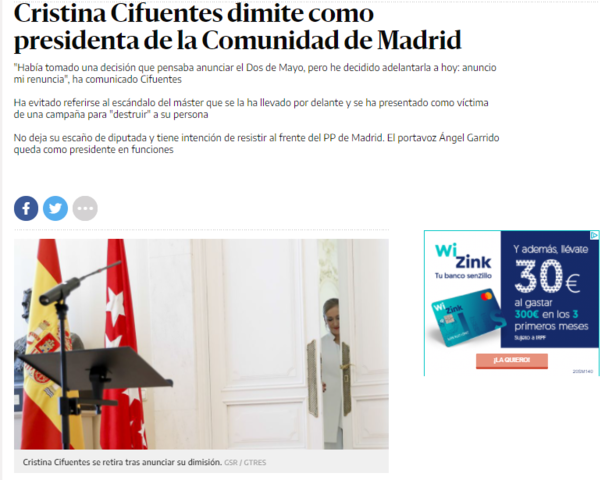 Tras el escándalo del robo Cifuentes dimite de la Comunidad de Madrid