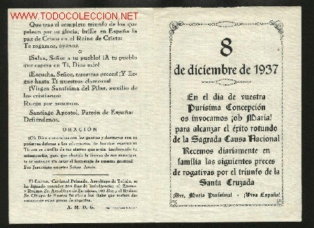 El dia 8, Dia de la Immaculada, queda establert com a festiu per decret de la Junta de Burgos.