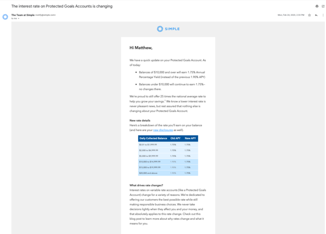 P.Goal >$10K APY Lowered to 1.75%