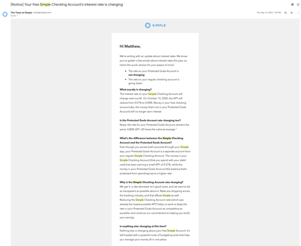 Checking APY Lowered to 0.00% (from 0.01%)