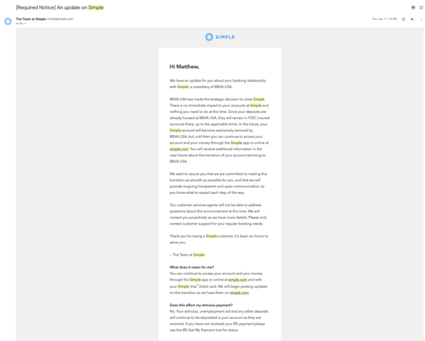 BBVA Decision to Close Simple Announced