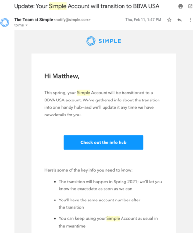 Transition of Simple Accounts to BBVA Announced