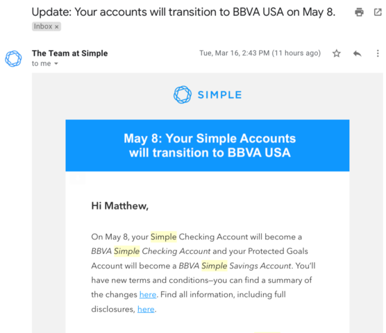 Announced Date for BBVA Transition/Simple Closure
