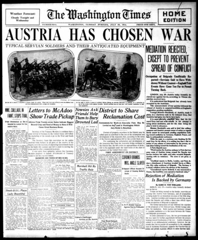 Austria-Hungary declares war on Serbia, beginning World War I.