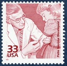A commemorative stamp of a child getting the Polio vaccine.