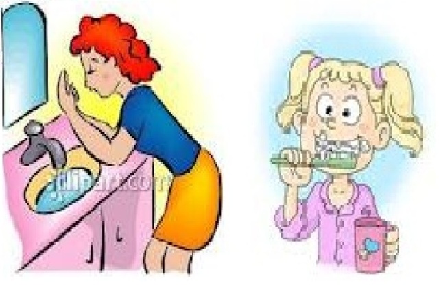 I qo to the bathroom, wash my face and brush my teeth.