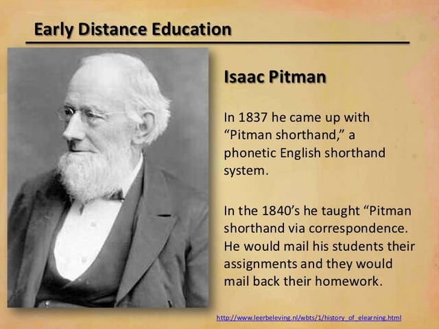 1840 Sir Isaac Pitman creates first true distance education centered on shorthand writing