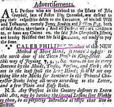 1728 Caleb Philips advertises correspondence courses for shorthand