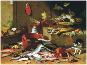 "Gatos con un bodegón de animales marinos, frutas y verduras.", Jan Van Kessel