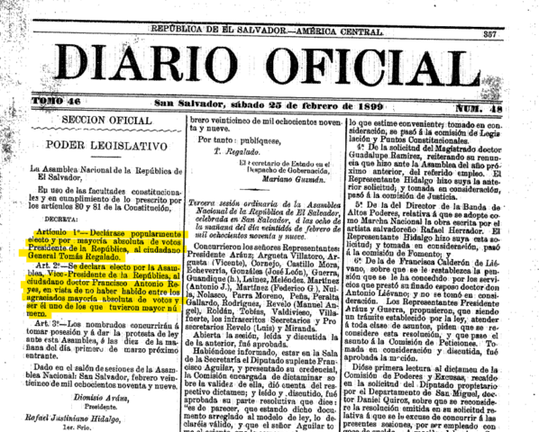 La Asamblea declara popularmente electo al general Tomás Regalado
