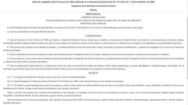 Por decreto legislativo se le restituye el título de Capital de la República a San Salvador